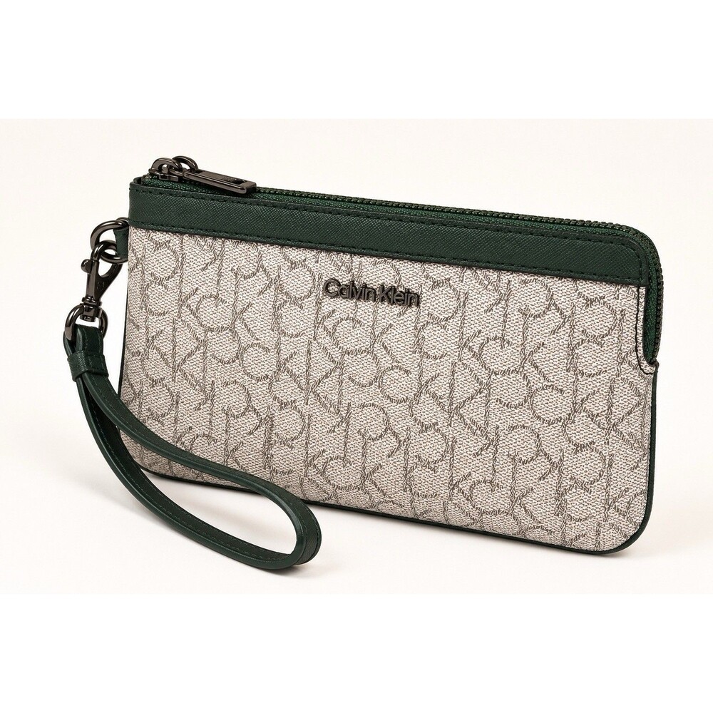 Calvin Klein Monogram Wristlet Pouch Green Trim Zip Clutch Wallet Signature